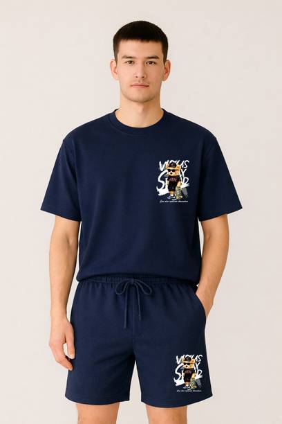Glamstore Men Top & Shorts Set Dark Blue Printed