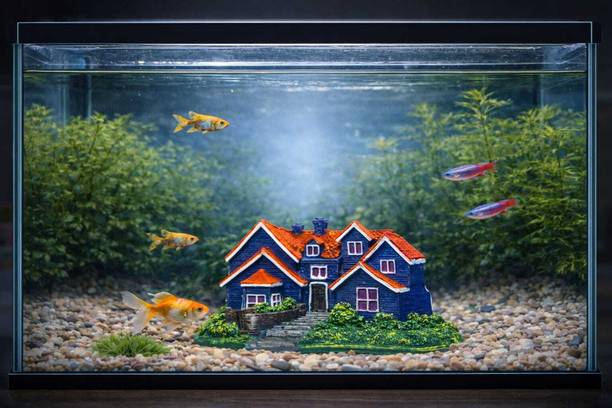 TankTrends Miniature Purple Villa Aquarium Decor – Colorful Resin House with Garden & Pool Rectangle Aquarium Tank
