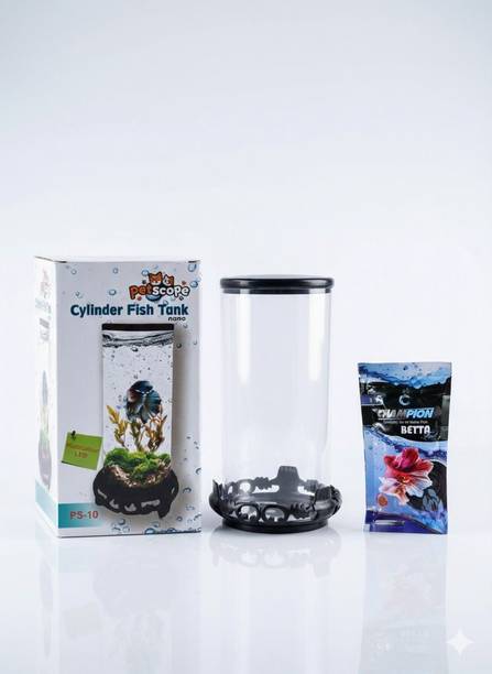 Petscope Cylinder Fish Tank with Betta Food Combo(PS-10, Black Color) Cylinder Aquarium Tank