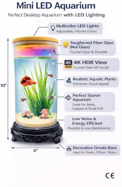 TankTrends TT-10 Mini Aquarium Kit with LED Light - 360° View High Definition Cylinder Aquarium Tank