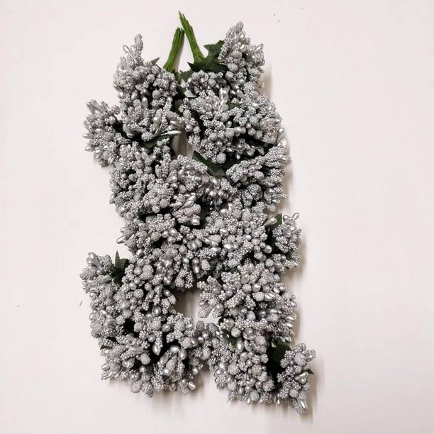AAASAH Decorative Artificial Grey (Silver) Pollen Flowers 6 Bunch of 72 Pcs Pollen Each