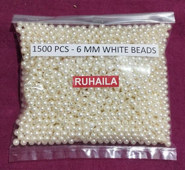 RUHAILA 6 MM WHITE PEARL PLASTIC BEADS FOR EMBRIODERY JWELLERY CRAFT 1500 PCS