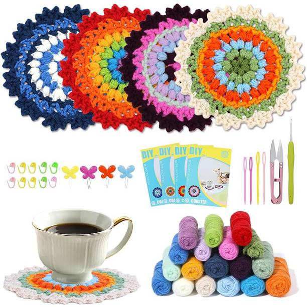 HASTHIP DIY Crochet Kit Set of 4Pcs Floral Coaster Material Kit with Tutorials Gift
