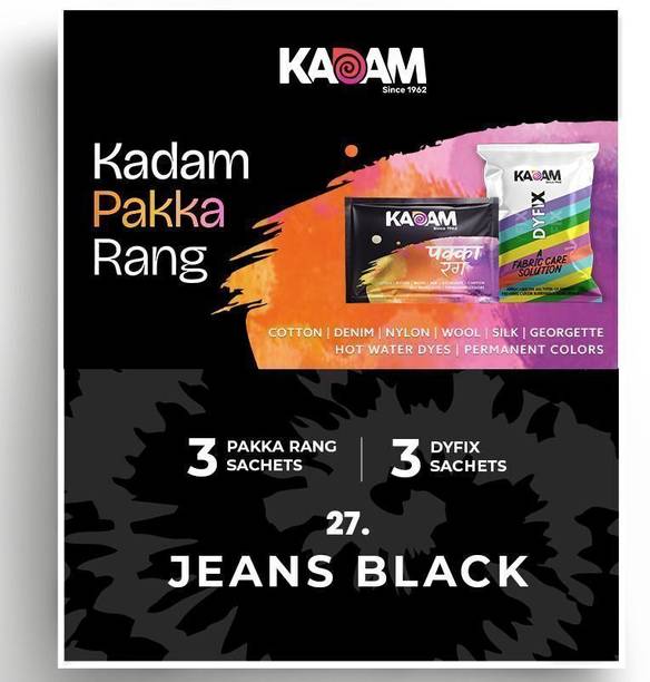 KADAM Pakka Rang Fabric Dye| Jeans Black| 3 Dye Sachets + 3 DyFix Fixer Sachets