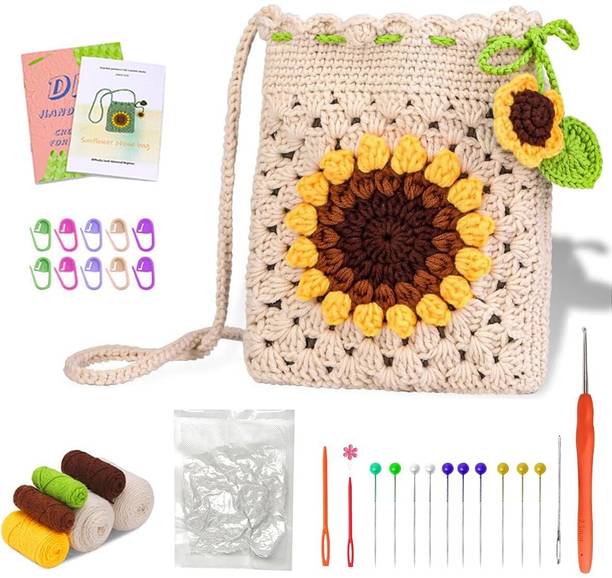 TREXEE DIY Sunflower Crochet Phone Bag Material Kit Beginners Crochet Phone Sling