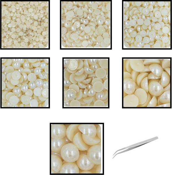 Qroof Half Cut Pearls Jewellery Making Craft, Round Flat Back Pastable Acrylic Pearls