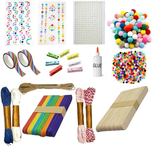 manrish Craft Material Combo/Stickers,Pom Poms,Ropes,Ice Cream Sticks,Decoration Combo
