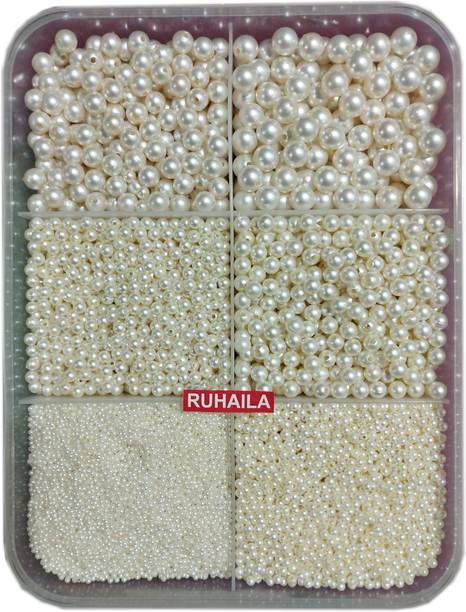 RUHAILA 6 SIZE ( 3 to12 MM) OFF WHITE PEARL BEADS FOR DIY JWELLERY ART & CRAFT 3600 PCS