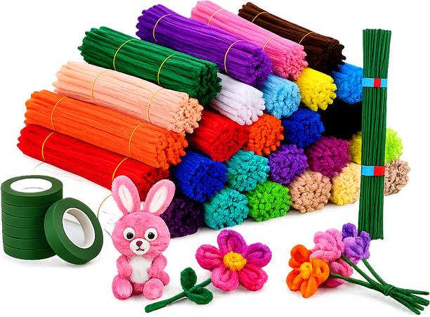 OPALINE 200pc Multicolor Chenille Stems Craft Kit with Floral Tape and Sticks