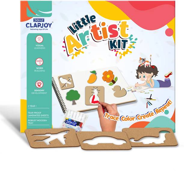 Clapjoy Wooden Stencil Kit DIY Drawing & Coloring Set with 20 Stencils and Colors