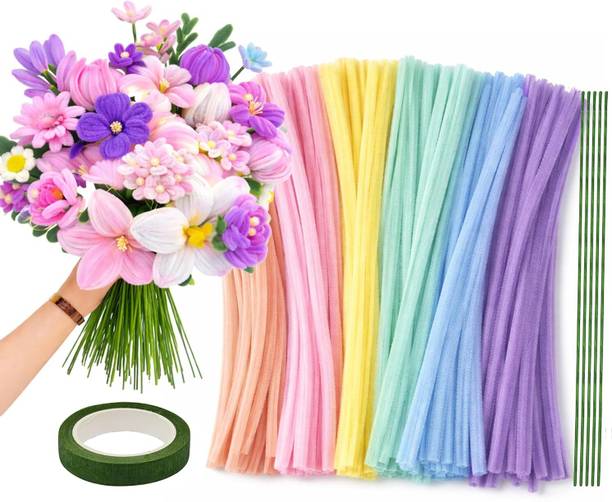 manrish 100 PCS Pastel Chenille Pipe Cleaners Flower Making Craft Kit