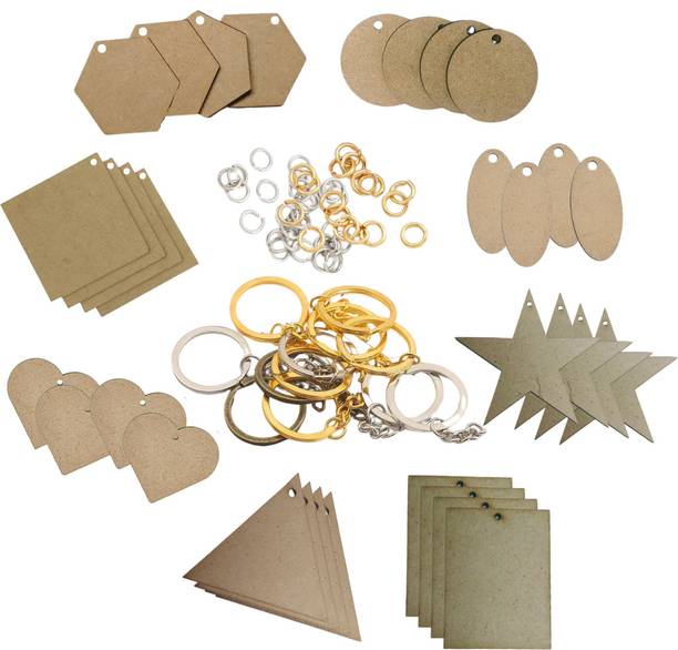 R H lifestyle 32 Pcs Mdf With Hole DIY Keychain Small MDF Cutout with Keyrings & Jumprings
