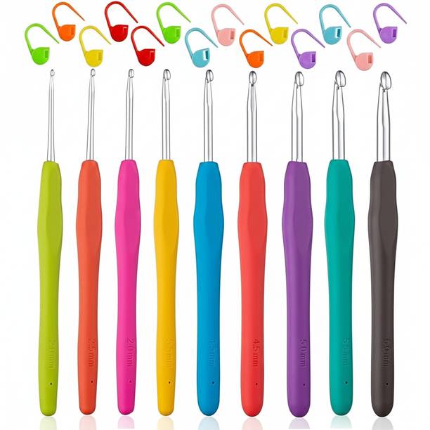 KHUSHA CREATIONS 9 Pcs Crochet Hooks Set with Stich Markers For Woollen Work & Crafts