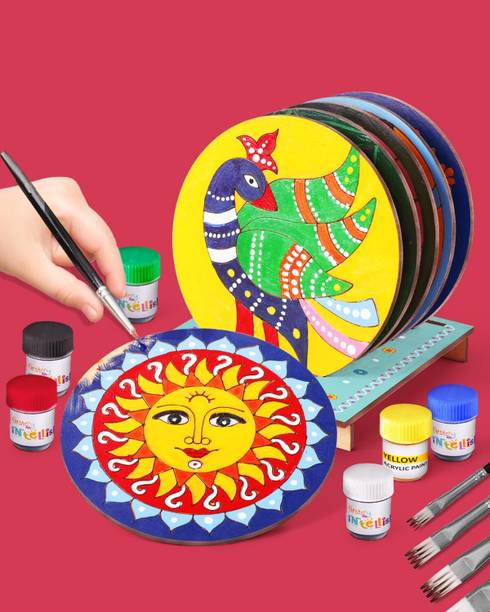 इंटेलीस्किल्स 3-in-1 Tea Coaster Painting Kit for Kids|Art &Craft Set for 3+ Yrs|Birthday Gift