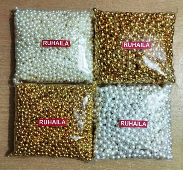 RUHAILA 8+6 MM GOLDEN+ WHITE PLASTIC BEADS FOR CRAFT KIT & JWELLERY-850 PCS
