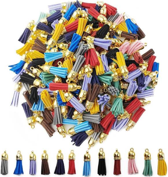 PRANSUNITA Multicolor Leather Faux Suede Tassel Pendant Latkan with Caps - 25 Pieces