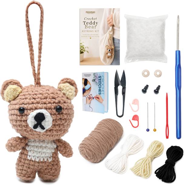picknMAKE Crochet Kit Set for Beginners - DIY Teddy Bear Amigurumi Keychain