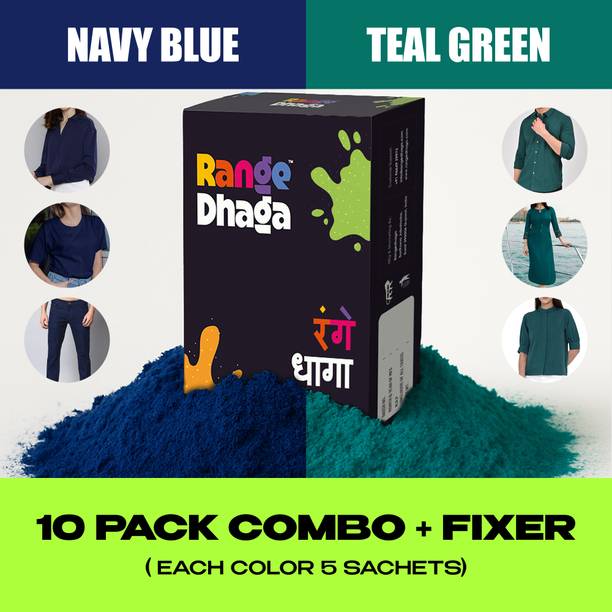 rangedhaga Fabric Dye, Navy Blue & Teal Green, Combo 10 (5+5) Fabric Dye with Fixer