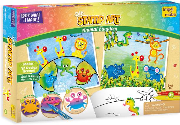 इमेजिमेक Stamp Art - Animal Kingdom - DIY Kids Colouring Book Set - For Boys and Girls 3 Years+