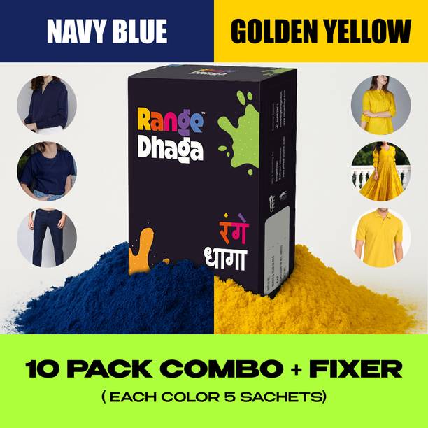 rangedhaga Fabric Dye, Navy Blue & Golden Yellow, Combo 10 (5+5) Fabric Dye with Fixer