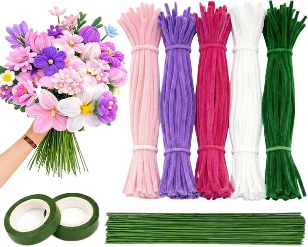 ASIAN HOBBY CRAFTS 200 Pcs Pipe Cleaners for Flower Making Set With Floral Green Tape & Wire