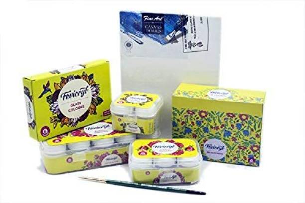 Fevicryl Festive Combo kit of Acrylic colours, Glass Colours 3D Outliners and Fine Art Canvas with Brushes
