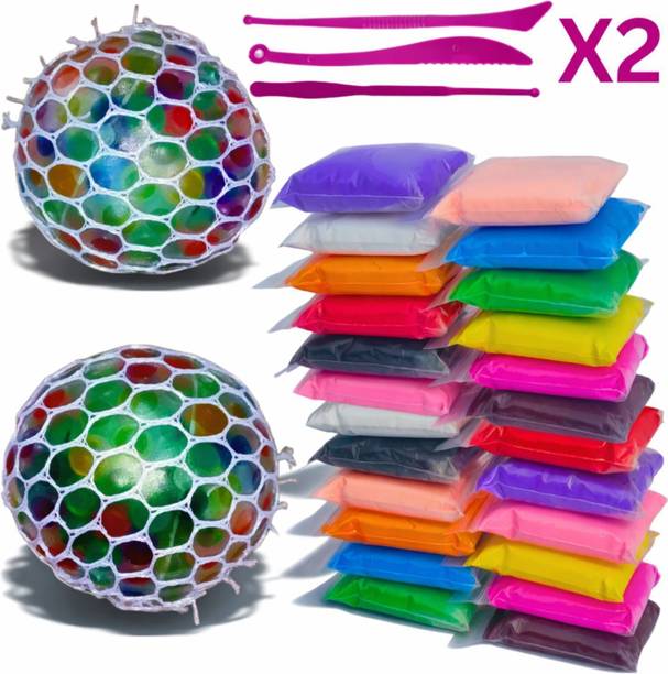 TRIROLEX 24 Multi-Colors Soft Clay Set & 2 Squeeze Exercise Balls for Kids and Adults