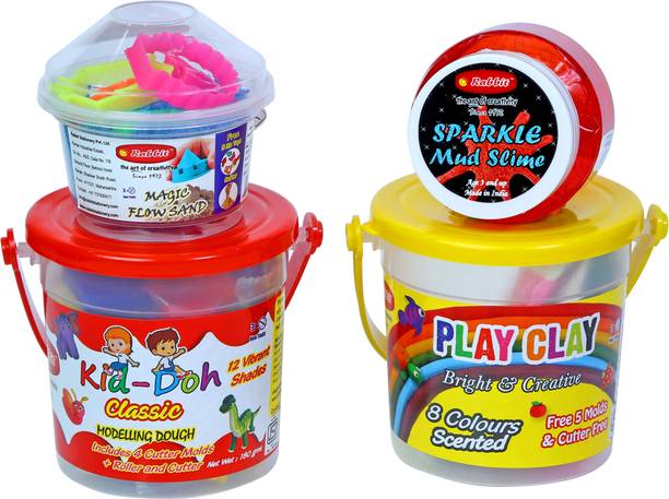 Rabbit Classic Bucket + Play Clay 8 Colors Bucket +Sparkle Mud Slime 100gm + Magic Flow Sand box 100gm +5 Play Sand toys Pack Of 4|Play Doh Clay|Slime for Kids|Play Sand for Kids|Play Dough Clay set f