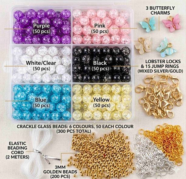 JAVALI Crackel 300 Beads Jewellery Making Kit With Elastic And Other Materials
