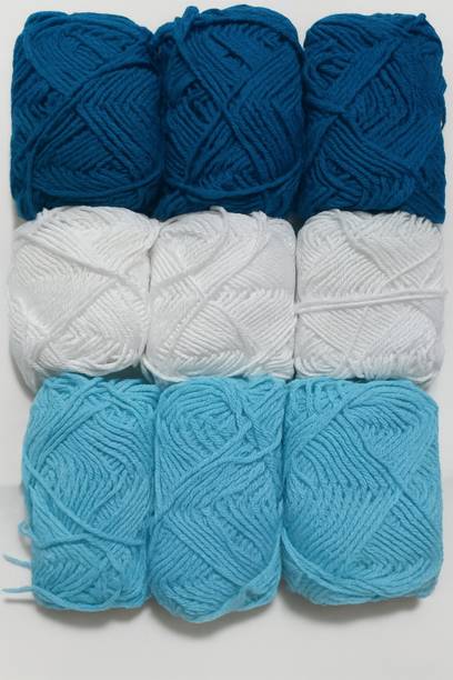 KHUSHA CREATIONS Woolen Knitting Yarn Balls Pack of 9 (3 Deep Blue+3 Pure White+3 Baby Blue)