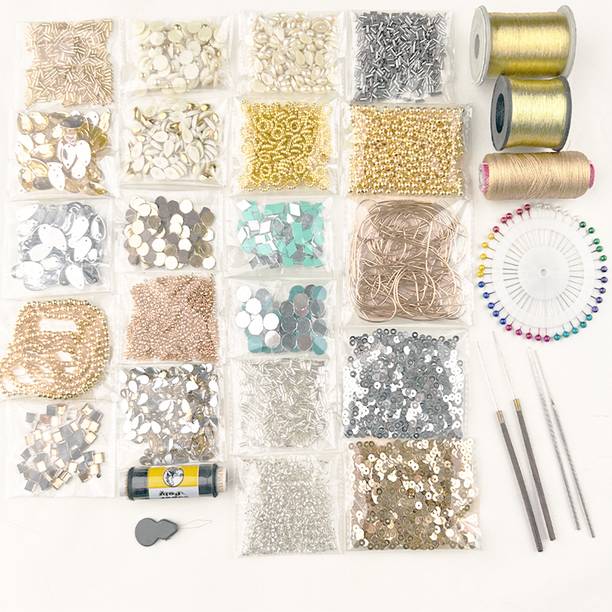 Qroof Aari Work Materials Kit Golden Moti Sewing Pin , Sepia, Zari, Zardosi, Mirrors
