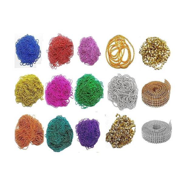 Crafto Quilling And Jewellery Making Acessories Ball/Pearl/Stone Chain 2Mm (2 Meter Each) (15 Items) Combo Set of Multicolor Chains