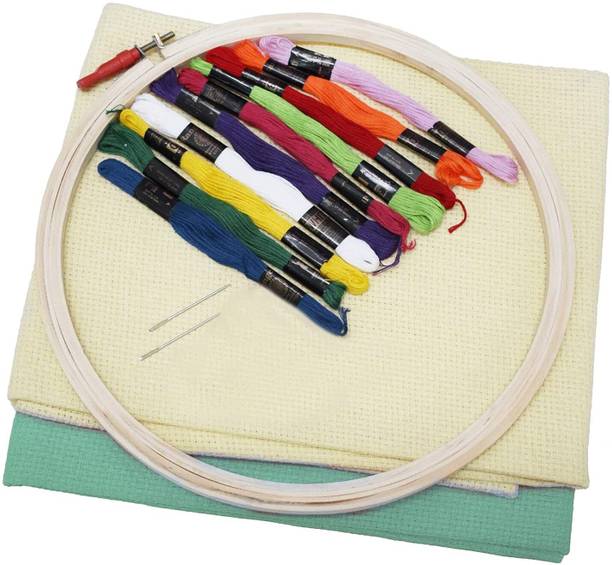 ASIAN HOBBY CRAFTS Embroidery Kit (Teal, Cream), Wooden Ring 8 inch