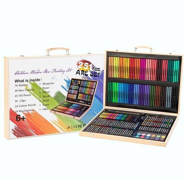 toiifren 251 Pieces Children Wooden Art Painting Set with Complete Drawing & Coloring Kit