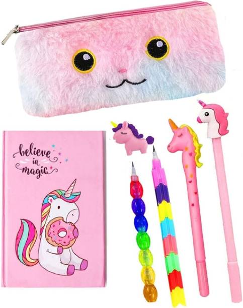 VoQo Unicorn Pouch Diary Combo for Kids , Fur Pouch for Girls/Pencil