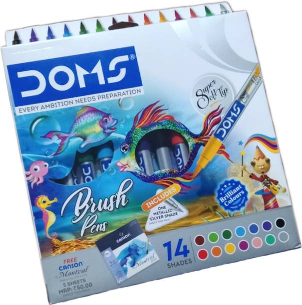 DOMS Brush colour pens large 14 shades with free canson montval drawing sheets