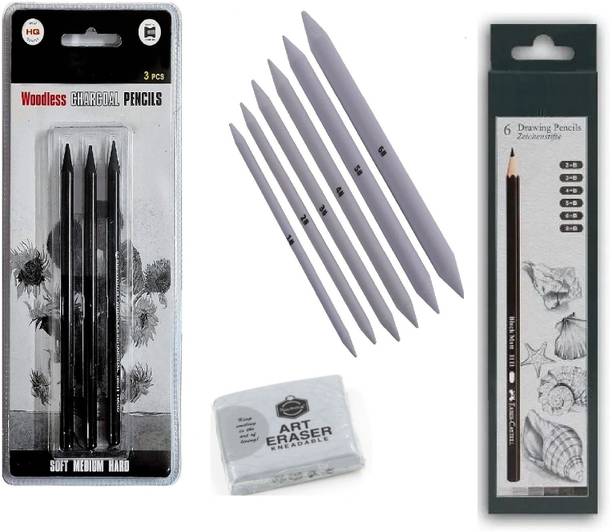 Da Novira 6 Drawing Pencils, 3 Charcoal Pencils, 6 Blending Stumps,1 Kneadable Eraser_04