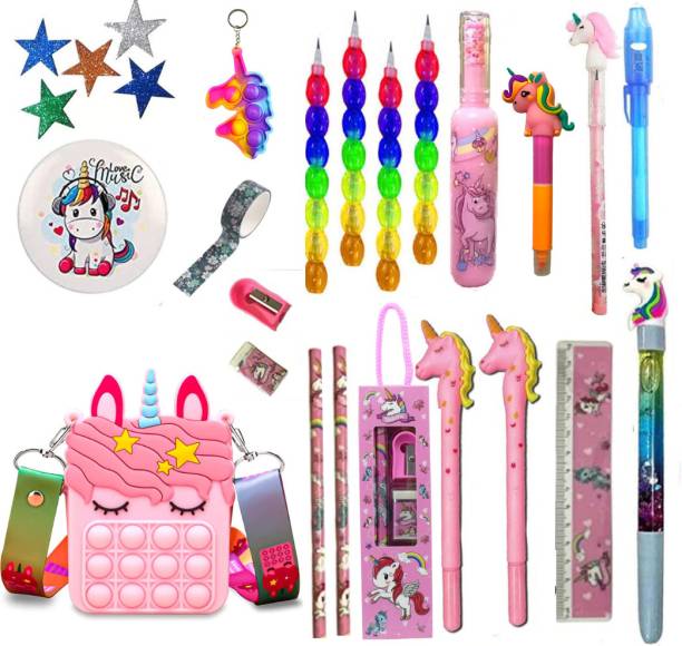Urban Festivities Unicorn Stationery Set for Girls Sling Popit Bag Pen Pencil (Set of 22)