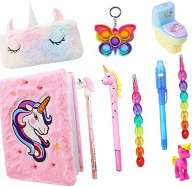 Taufa Villa Unicorn Stationery Set for Girls Unicorn Diary Fur Pouch Pen Pencil (Pack of 10)