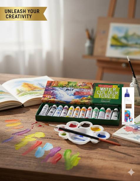 Camlin Student Water Color Tube - 5ml Each, 12 Shades with Tray and Brush And Free Gum