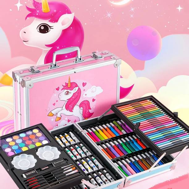 KTrading 145 Pcs Deluxe Drawing Art Set in Portable Case For Kids (Unicorn Pink)