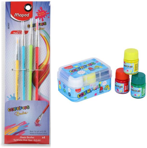 Maped Painting Kit - 6 Shade Poster Colors + 4 Plactic handle Brushes