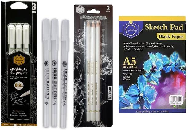 ChiggiWiggi 3 White Charcoal Pencil,3 White Highlighter & A5 Black Paper Sketch Pad-20 Pages