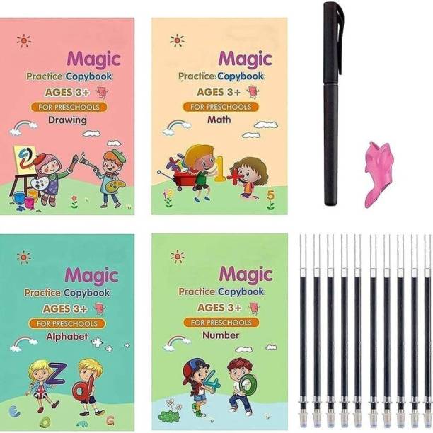 Magic practice book, Magic Book for Kids, Calligraphy Books for Kids, Practice Copybook for Kids English Reusable Magical Copybook Kids Tracing Book, Multicolor  - Magic Calligraphy Books For Kids (4 Books 1 Pen 1 Hand Grip 10 Refill) Self Deleting Reusable Number Tracing Alphabets writing for Kids age 3+