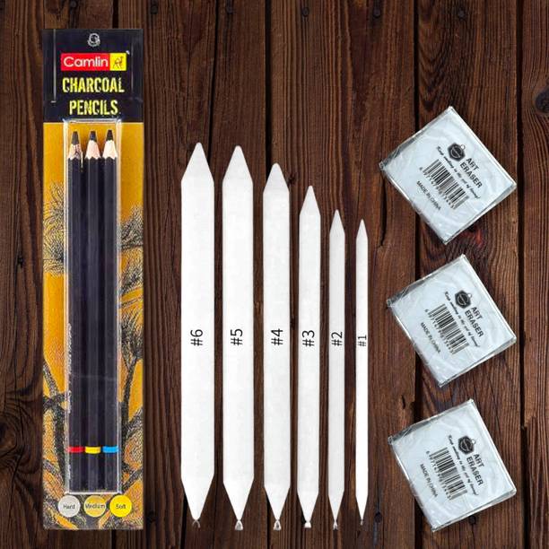 SKYGOLD CAMLIN BLACK CHARCOAL PENCIL SET , PAPER STUMPS , 3PCS KNEADABLE ERASER COMBO