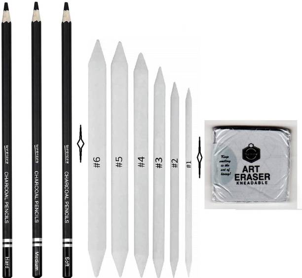 Da Novira Black 3 Charcoal Pencil & Sharpener, Blending Paper Stumps,1 Kneadable Eraser_05