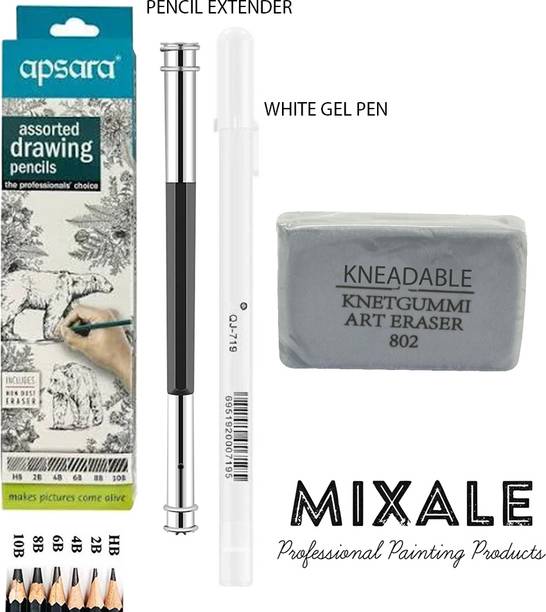 mixale Apsara Sketch Pencil With Pencil Extender & Kneadable Eraser & White Pen