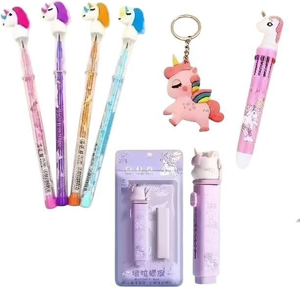 Eclet 7 Unicorn School Combo:10-in-1 Pen,Cutter Eraser & 4pc Pencil Set with keychain
