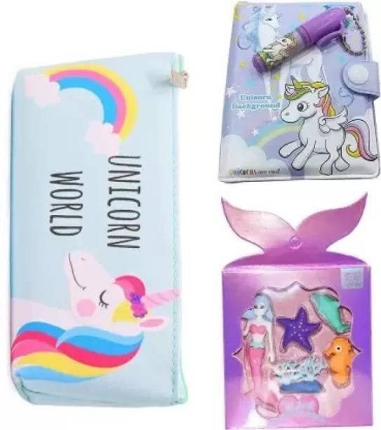 13House Gift set for Kids/girls- Unicorn Pencil Pouch/Unicorn Diary/Mermaid Eraser Set