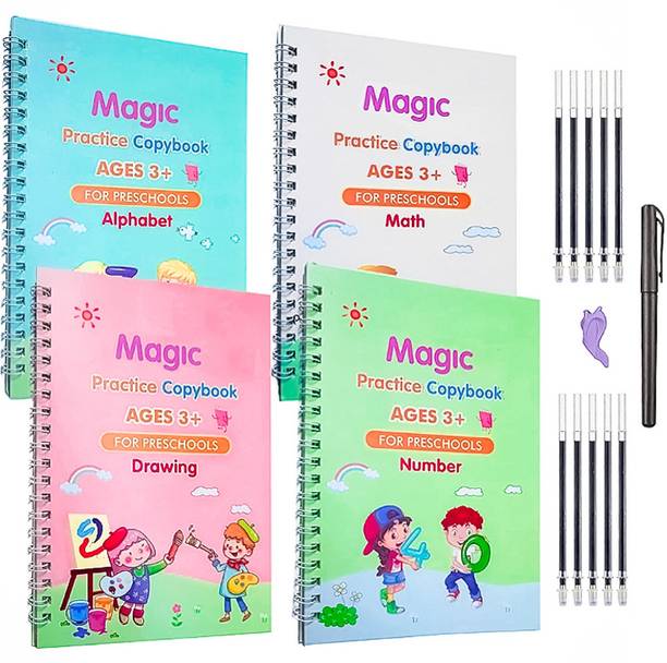 DYPO Magic Book ( 4 Book + 10 Refill + 1 Pen + 1 Grip ) Numbers & English & Drawing